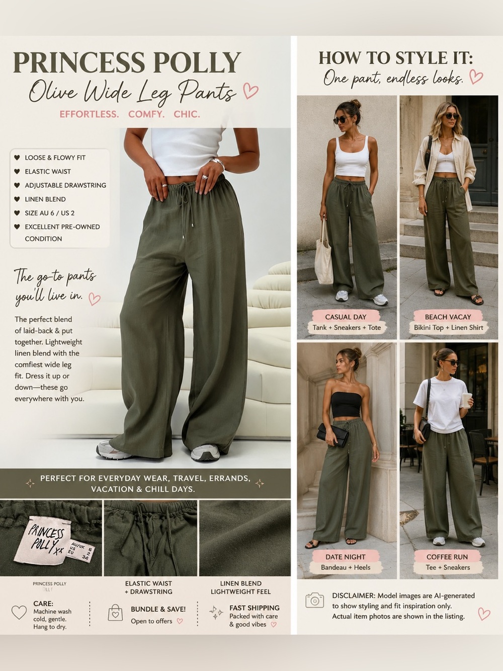 Princess Polly Ogilvie Olive Linen Blend Wide Leg Pants US 2